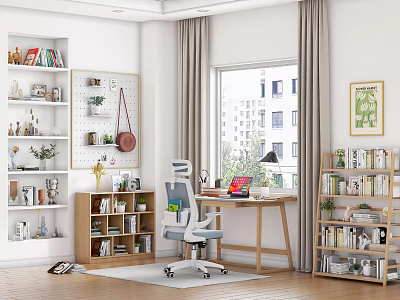 Cozy Home Office Desk Setup With Bookshelves Pegboard Office Chair And Window View 3d model