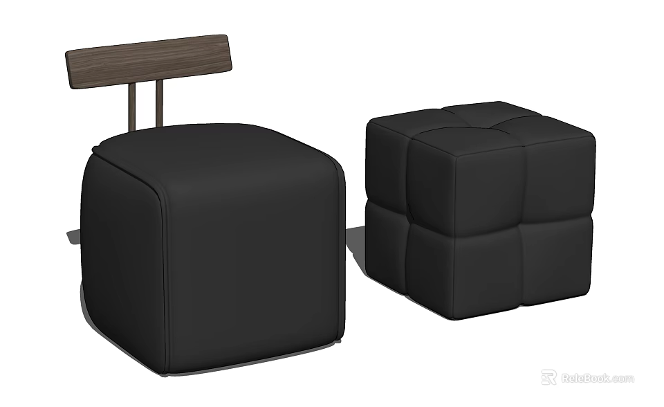 Modern Black Leather Sofa Stools With Wooden Backrest And Tufted Design 3d model