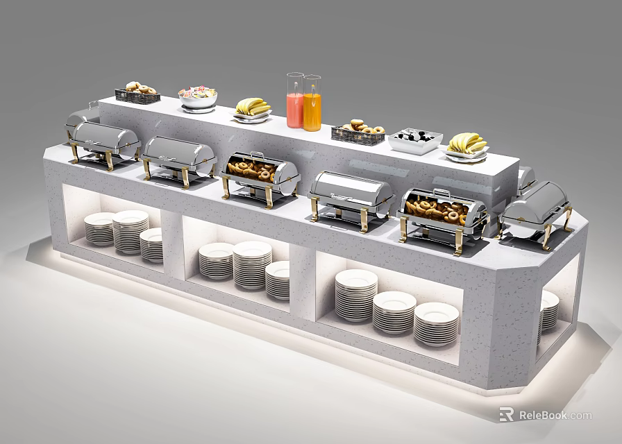 Modern Buffet Table Setup With Chafing Dishes Food Items And Storage Compartments 3d model