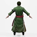 Male Game Movie Character In Green Robe With Open Chest Scars And Red Sash Sword