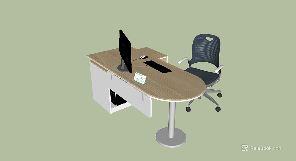 Modern Office Desk With Wooden Top Metal Leg Monitor Mouse Keyboard And Office Chair 3d model 