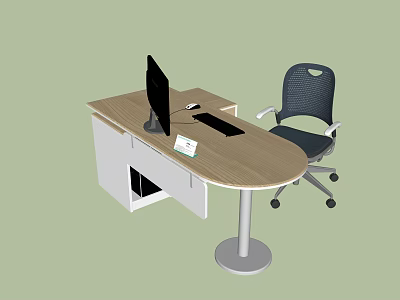 Modern Office Desk With Wooden Top Metal Leg Monitor Mouse Keyboard And Office Chair 3d model