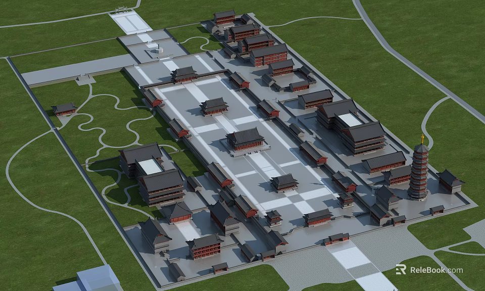 Traditional Chinese Ancient Architecture Birds Eye View Symmetrical Layout Courtyards And Pagoda 3d model 