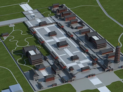 Traditional Chinese Ancient Architecture Birds Eye View Symmetrical Layout Courtyards And Pagoda 3d model