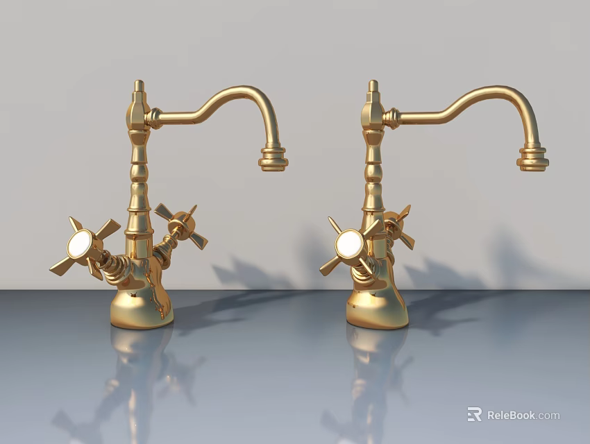 Elegant Golden Faucets With Curved Spouts And Knobs On Sleek Surface With Reflections 3d model