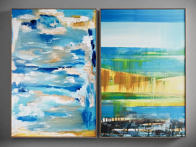 Abstract Modern Wall Art Set with Blue Green Yellow Brushstrokes and Colorful Patterns 3d model