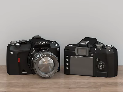 Two Black Digital Cameras Displayed On Wooden Surface 3d model