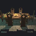Rustic Wooden Dining Table Set With Chairs Bowls Glasses Fruits And Barrel On Stone Tiles