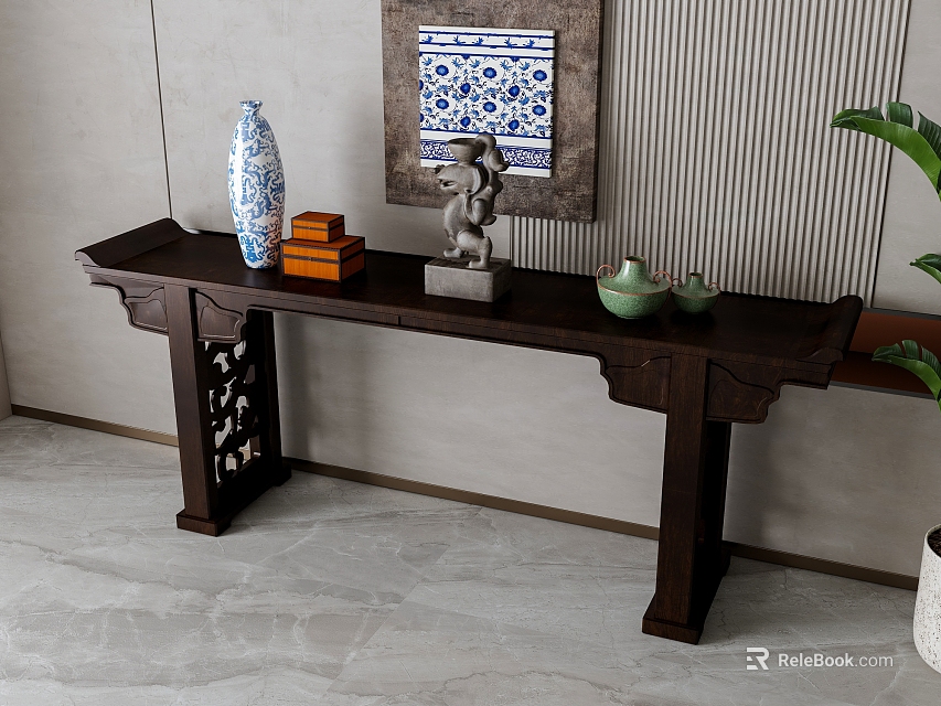 Traditional Chinese Dark Wood Console Table With Decorative Vase Wooden Boxes Ceramic Teapot And Artwork 3d model 
