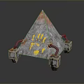 Pyramid Shaped Object With Yellow Handprints Gray Orange Surface And Metal Wheels 3d model