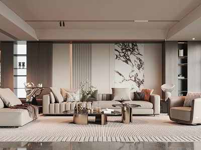 Elegant Modern Living Room Interior With Sofa Pillows Coffee Tables Rug And Wall Artwork 3d model