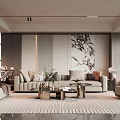 Elegant Modern Living Room Interior With Sofa Pillows Coffee Tables Rug And Wall Artwork
