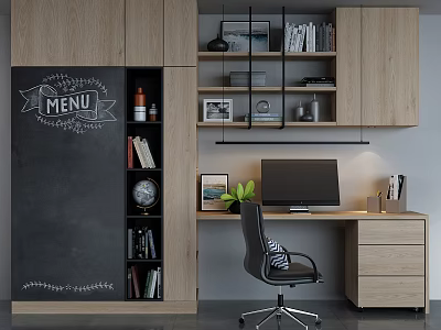 Modern Home Office Workspace With Wooden Desk Ergonomic Chair Chalkboard Wall And Bookshelves 3d model