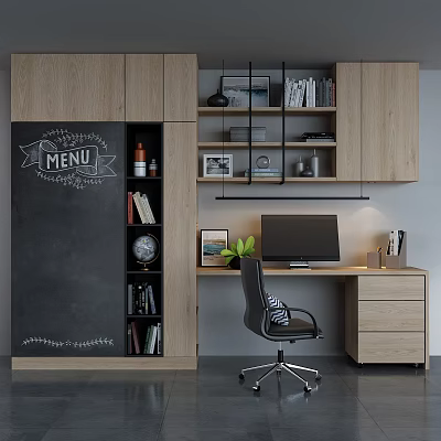Modern Home Office Workspace With Wooden Desk Ergonomic Chair Chalkboard Wall And Bookshelves 3d model