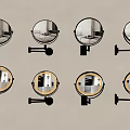 Eight Round Mirrors Mounted on Light Colored Wall with Black Brackets Reflecting Room Scenes