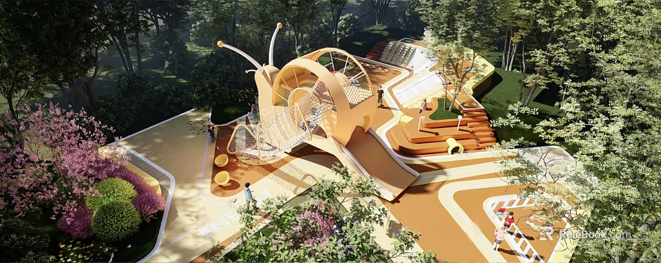 Snail Shaped Children's Playground With Climbing Net Slide Wooden Seats And Green Plants 3d model 