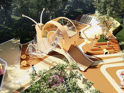 Snail Shaped Children's Playground With Climbing Net Slide Wooden Seats And Green Plants 3d model