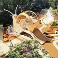 Snail Shaped Children's Playground With Climbing Net Slide Wooden Seats And Green Plants