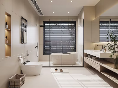Modern Bathroom Interior Design With Bathtub Toilet Vanity Mirror Window Blinds And Plant 3d model