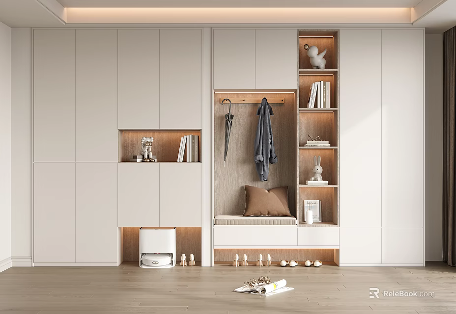Modern White Shoe Cabinet With Integrated Coat Hanging Area Shoe Bench And Storage Shelves 3d model 