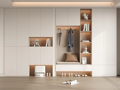 Modern White Shoe Cabinet With Integrated Coat Hanging Area Shoe Bench And Storage Shelves 3d model