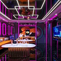 Modern KTV Room With Neon Lights Purple Lighting Orange Sofas Round Tables And Decorative Paintings