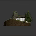 Cartoon Scene with Small House Pine Trees Wooden Water Tower Winding Path and Stream