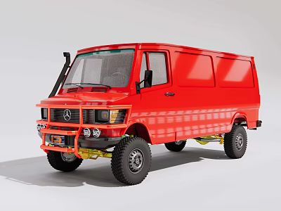 Red Mercedes Van With Off Road Tires And Yellow Bumper 3d model