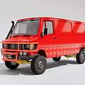 Red Mercedes Van With Off Road Tires And Yellow Bumper