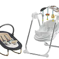 Two Baby Swing Chairs Dark Cushioned Seat and White Canopy with Hanging Toys
