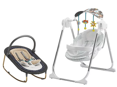 Two Baby Swing Chairs Dark Cushioned Seat and White Canopy with Hanging Toys 3d model