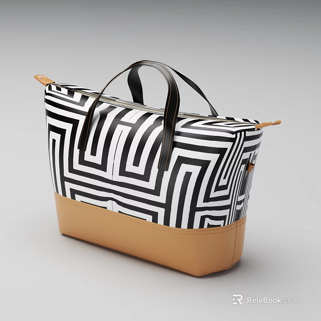 Stylish Handbag With Black White Maze Pattern And Brown Base And Black Handles Design 3d model 