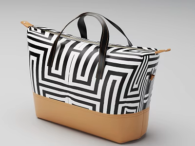 Stylish Handbag With Black White Maze Pattern And Brown Base And Black Handles Design 3d model