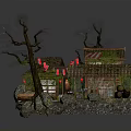 Cartoon Scene Design Featuring Thatched Roof Cottages Trees Small Boat And Flags