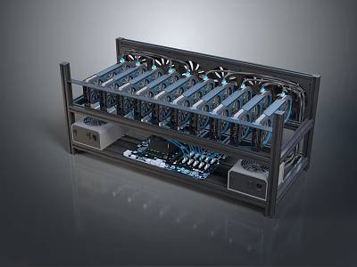 Metal Frame Display Shelving With Multiple Fans And Mining Rig Components 3d model