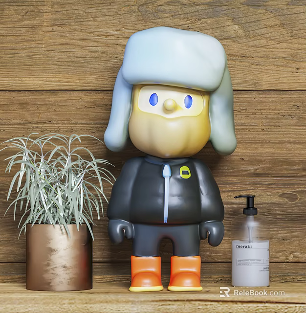 Doll With Light Blue Hat Blue Eyes Black Jacket And Orange Boots On Wooden Background 3d model 