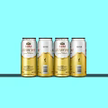 Tsingtao Bingchun Beer Four Cans Displayed Neatly on Blue Background