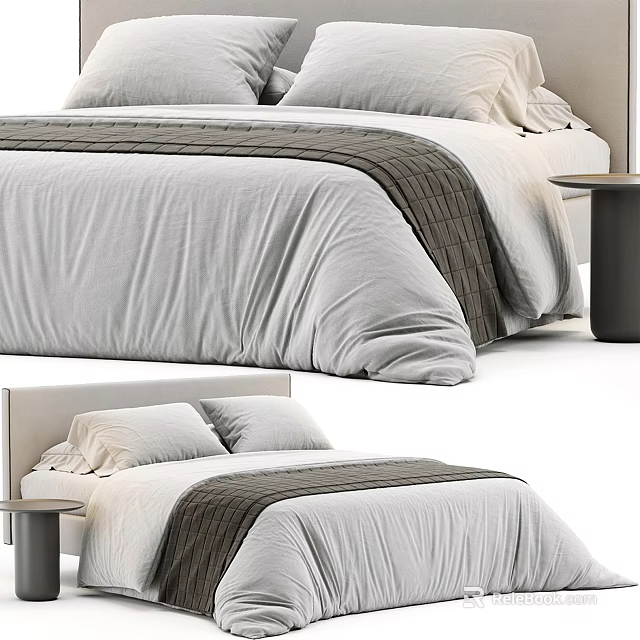 Modern Minimalist Double Bed With Gray Bedding Pillows Dark Throw Blanket And Round Side Table 3d model