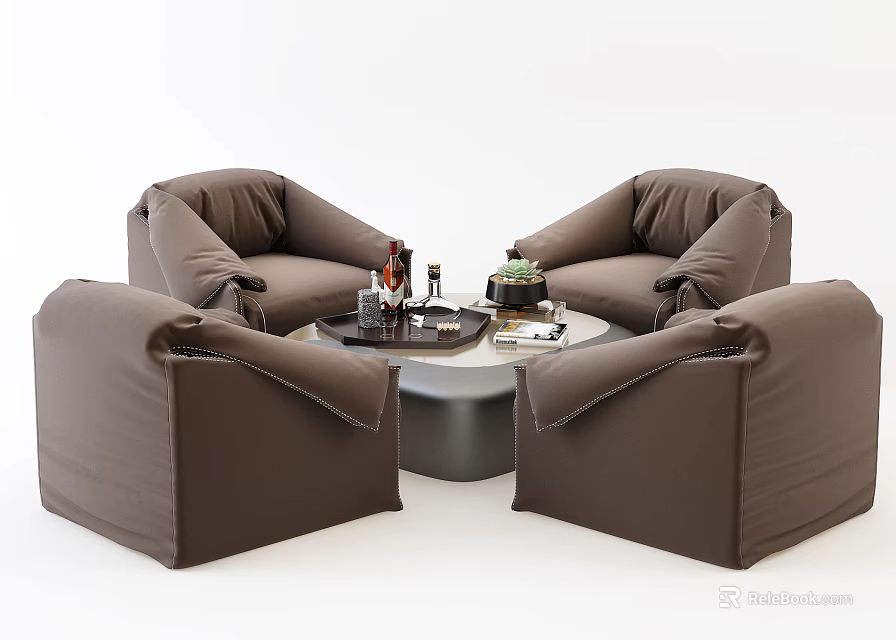 Comfortable Brown Casual Sofa Set With Four Seats And Round Coffee Table With Drinks 3d model