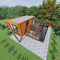 Two Story Orange Container Building with Large Windows Terrace Staircase and Green Lawn