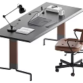 Modern Office Desk Featuring Black Lamp Laptop Open Notebook White Cup And Brown Chair