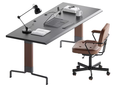 Modern Office Desk Featuring Black Lamp Laptop Open Notebook White Cup And Brown Chair 3d model