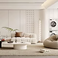 Modern Living Room With White Walls Shelves Beige Sofa Round Coffee Tables And Palm Plant