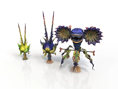 Three Fantasy Creatures With Colorful Spikes And Unique Wing Structures 3d model