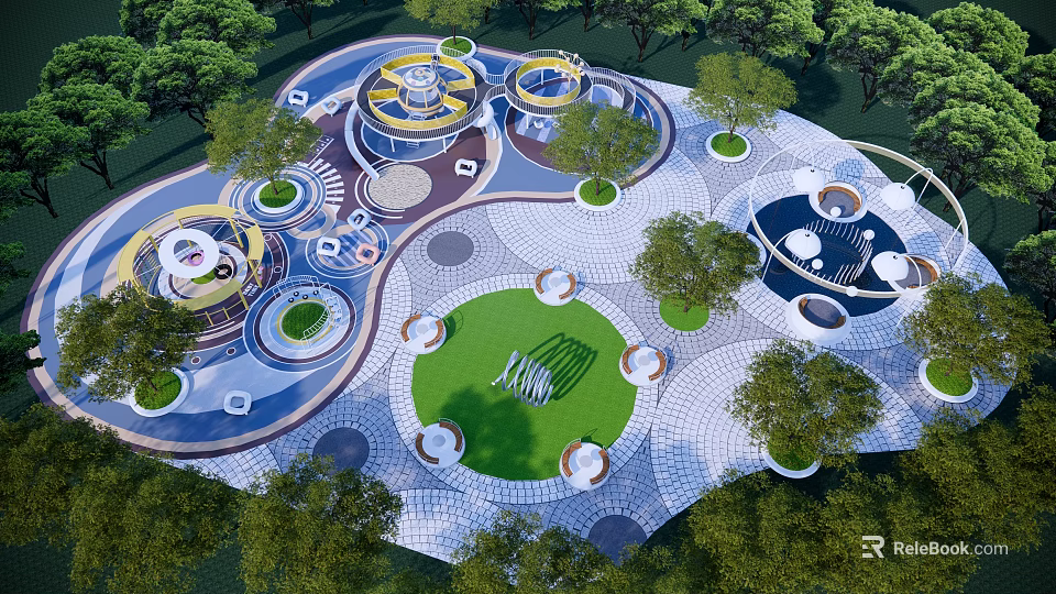 Modern Park Landscape With Circular Designs Central Lawn Geometric Paving And Surrounding Trees 3d model 