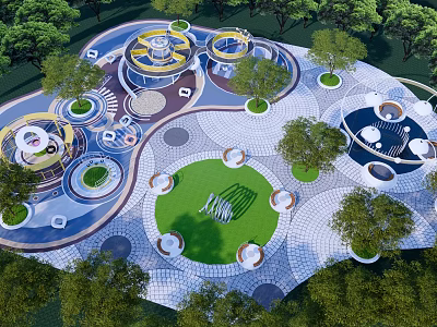 Modern Park Landscape With Circular Designs Central Lawn Geometric Paving And Surrounding Trees 3d model