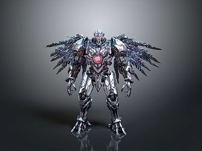 Mechanical Cybernetic Warrior With Metallic Wings Red Core And Futuristic Armor 3d model