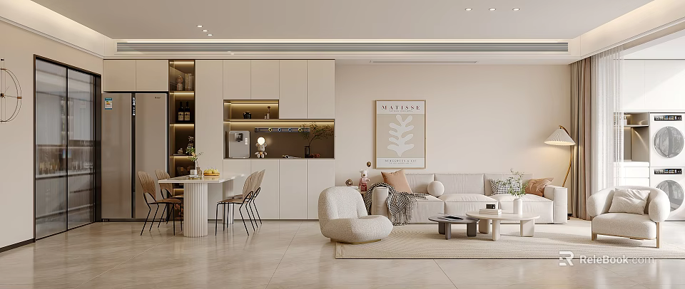 Modern Living Dining Room Interior With Sofa Dining Table Chairs And Decorative Artwork 3d model