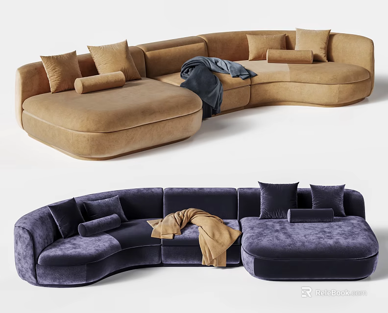 Modern Curved Sectional Sofa In Beige Navy Velvet With Soft Pillows And Cozy Blanket 3d model 