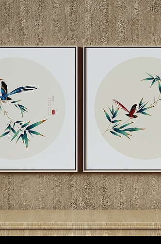 New Chinese Flower and Bird Painting Zen Hanging Painting Combination Traditional Chinese Painting 3d model